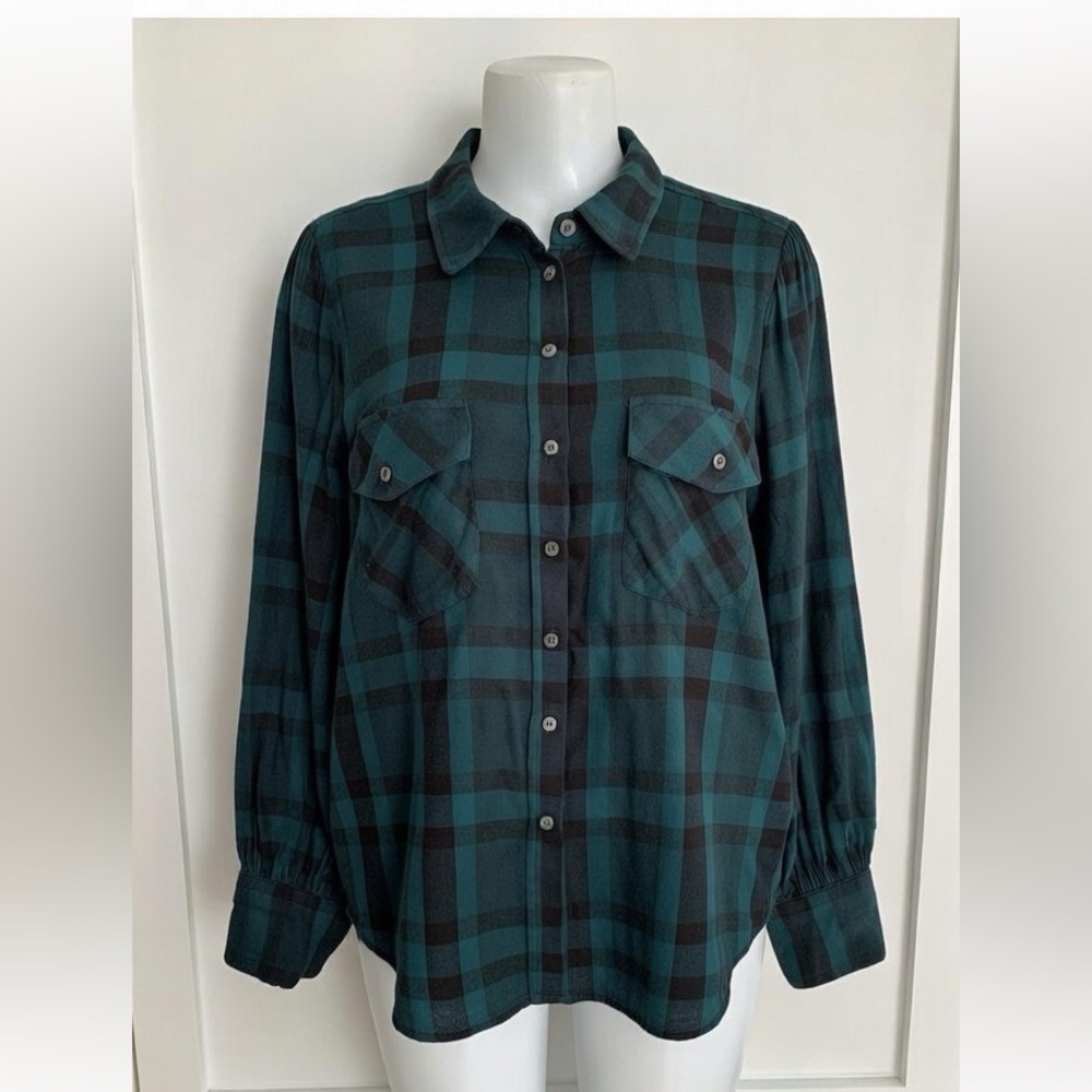 Sanctuary Shirt Womens Large Green gingham Ballon Long Sleeve Botton Up Cozy‎